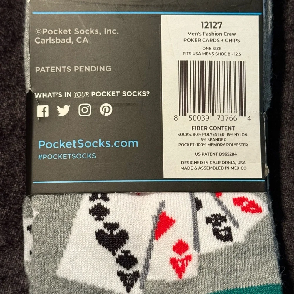 Pocket Socks with Poker Cards and Chips Design Men's Socks NIP
